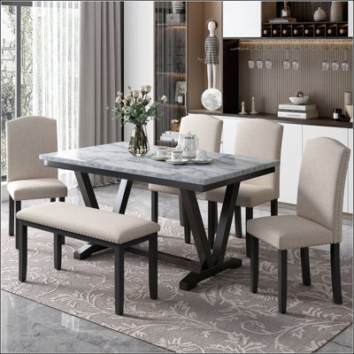 Ensemble de salle à manger de style moderne 6 pièces avec plateau de table en placage de marbre, pieds en forme de V et chaises et banc rembourrés pour des réunions de famille élégantes