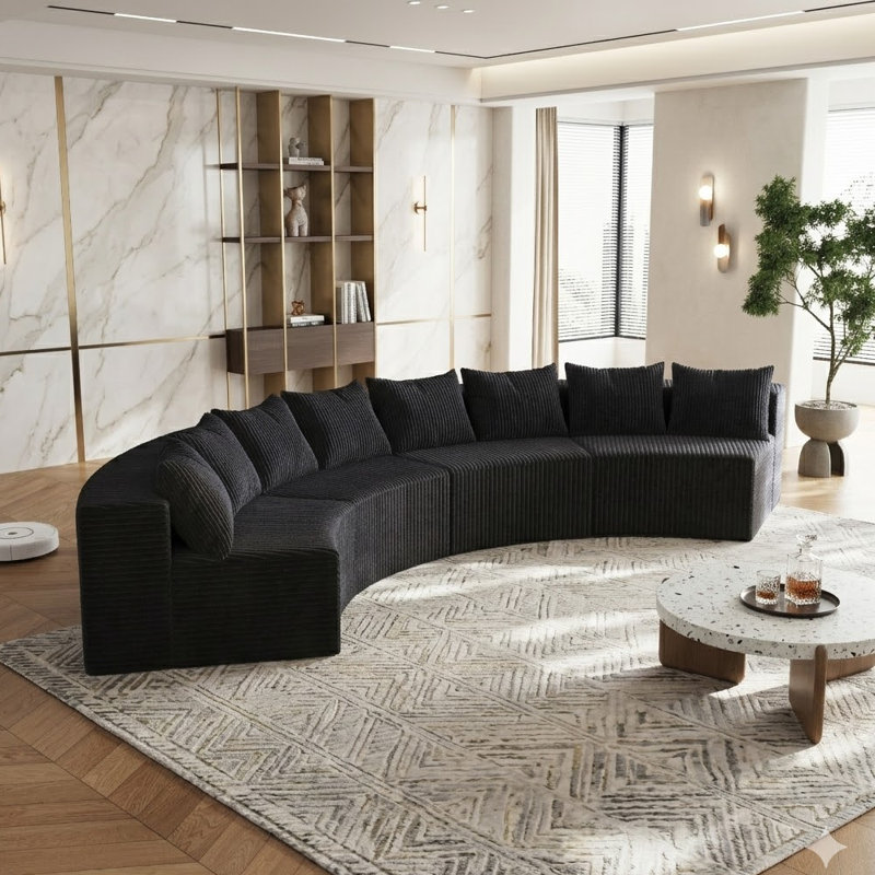 Canapé modulaire courbé Corduroy, 4 sièges, Noir