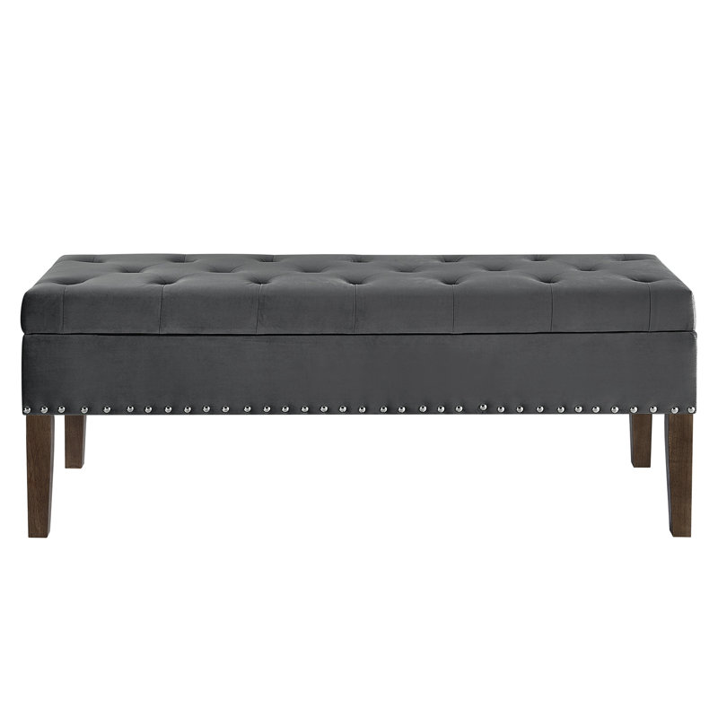 Banc avec rangement interne, velours gris foncé, design classique et moderne, structure en bois d'hévéa, L 48 po x l 18 po H 18,5 po, siège confortable pour s'habiller, chaussures de rangement style livres, chambre à coucher
