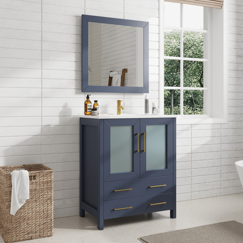 Brescia 30" Single Sink Freestanding Bathroom Vanity with Ceramic Top and Matching Mirror, Blue