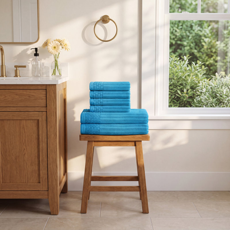 Ribbed Cotton Absorbent Heavy Hand and Bath Towel Set, Azure