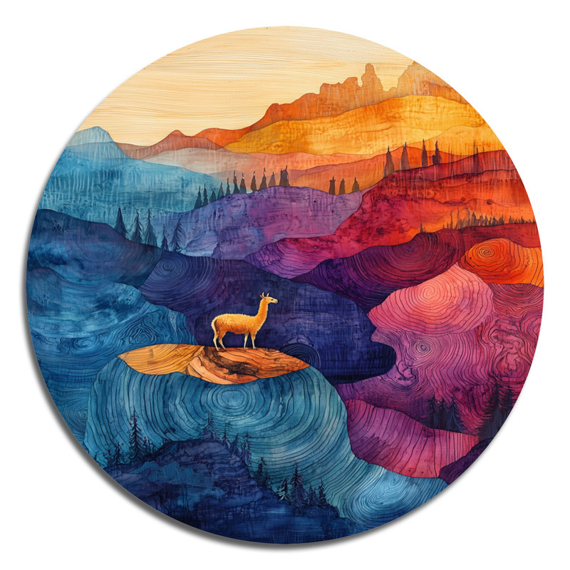 «Llama In The Rainbow Mountain Slide», reproduction d'art moderne en métal coloré, décoration murale ronde en métal lama