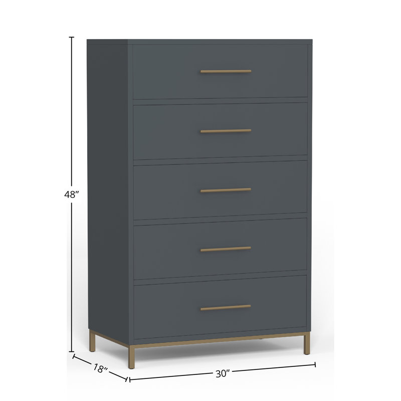 Slate Gray Vertical 5-Drawer Dresser with Gold Accents