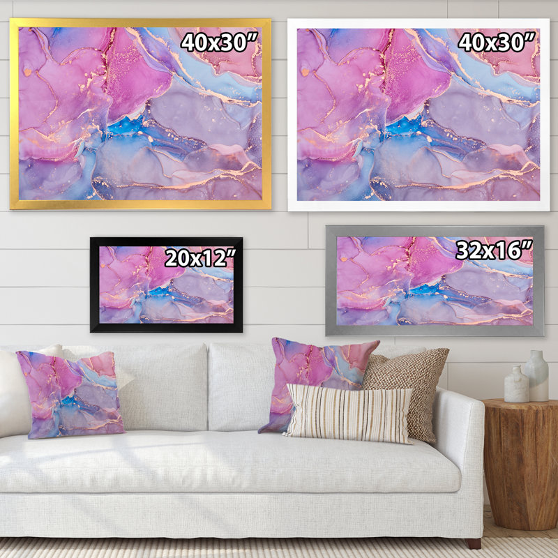 Rose et bleu liquide Art I - reproduction d'art moderne sur toile, H 24 po x l 32 po, Cadre photo argenté