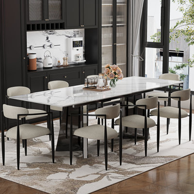 Modern Dining Table Set For 8-10 With 94.5'' Extendable Sintered Stone Dining Table And 8 Fabric Upholstered Arm Chairs