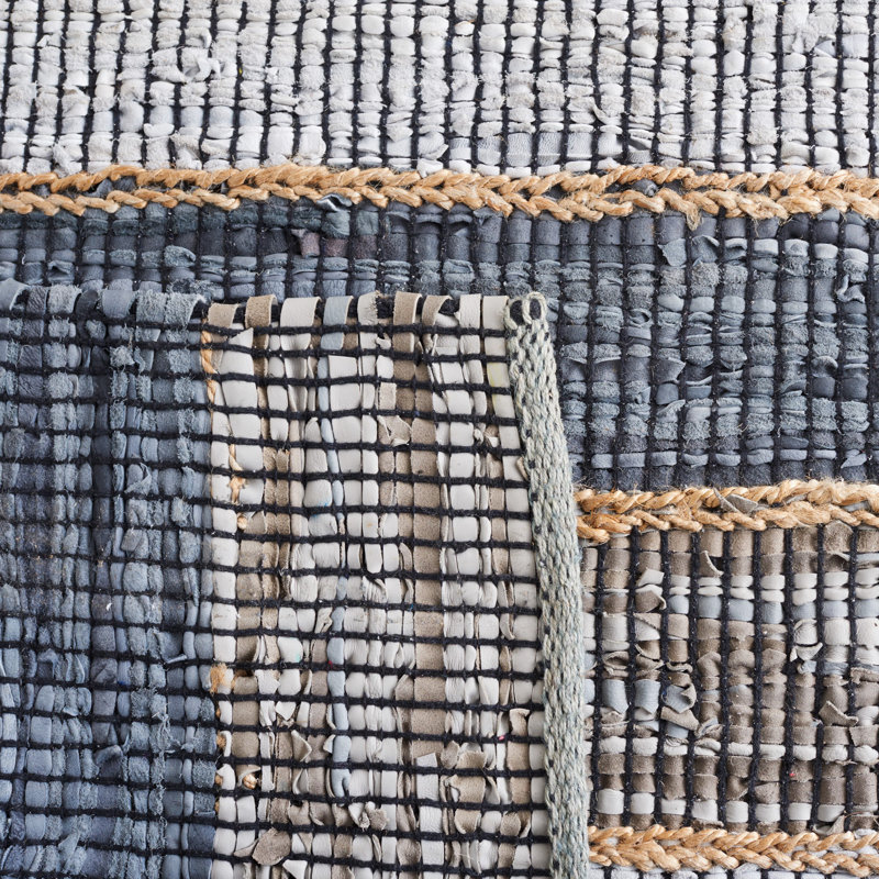 Gereline Vintage Leather Hand Woven Leather/Jute Striped Rug in Grey/Natural, Rectangle 5' x 8'