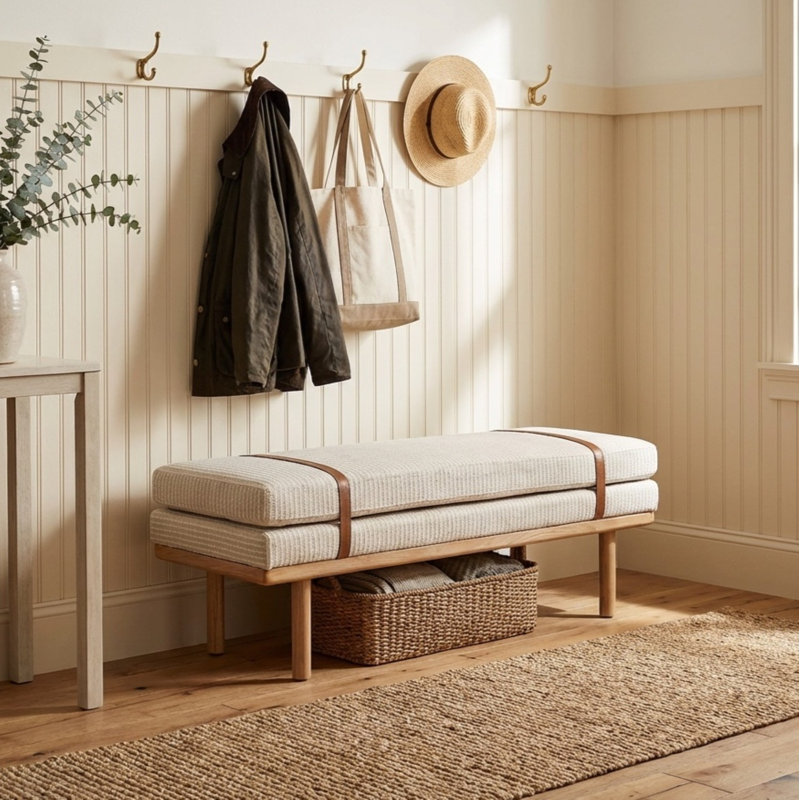 Banc rembourré Azayvion avec base en bois, Cream Woven with White Stripes