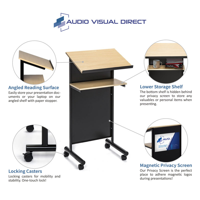 Beech and Black Metal Standing Desk with Wheels and Shelves