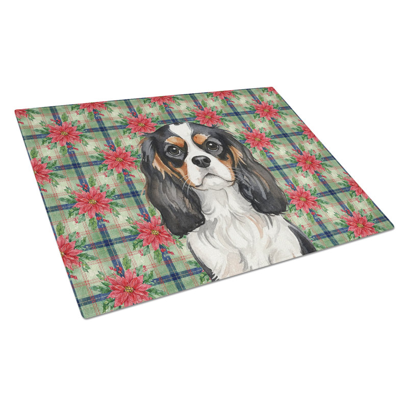Planche à découper tricolore Cavalier Spaniel Christmas PoinsettIas, Noir / blanc