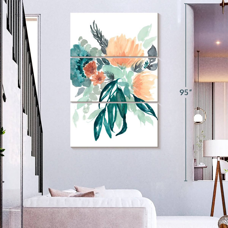Bouquet Harnek bleu sarcelle et pêche I, H 74 po x l 48 po