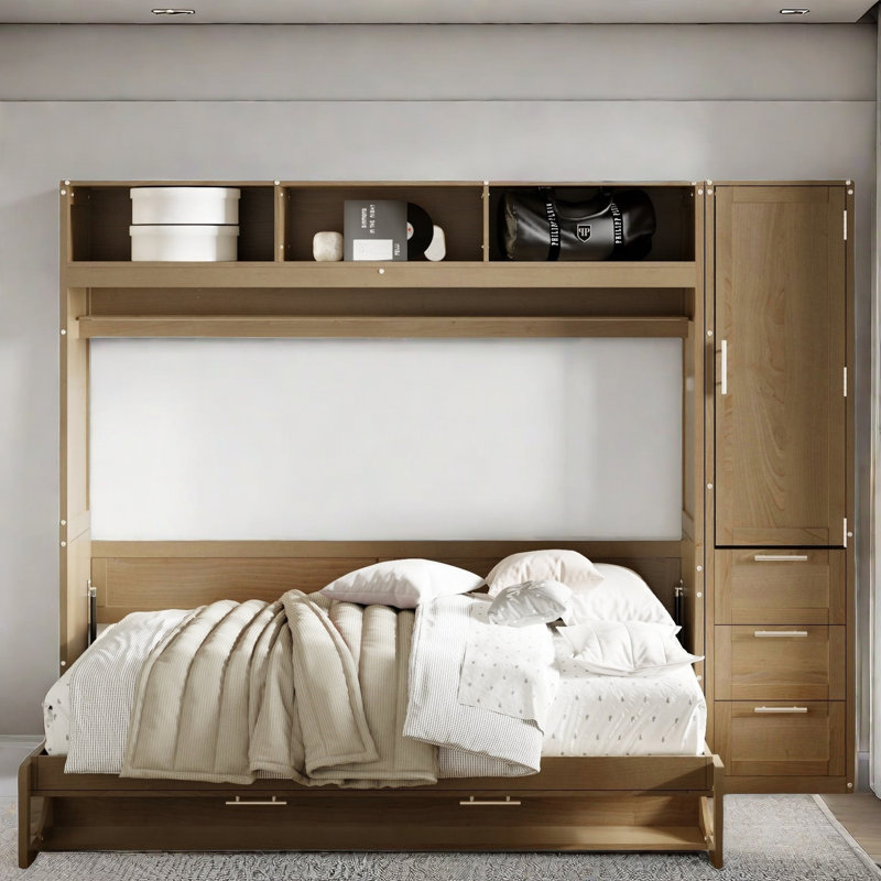 Lit escamotable avec garde-robe, tiroirs et tablettes ouvertes Andrews