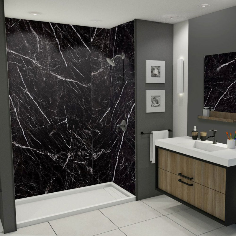 Mur de douche à trois panneaux H 96 po Titan, H 96 po x l 36 po x P 60 po, Noir brillant Caruso