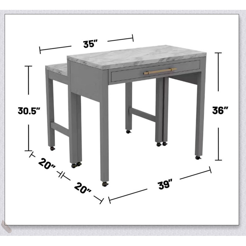Ensemble de salle à manger à hauteur de comptoir rustique 5 pièces avec plateau en faux marbre, tiroir de rangement et 4 tabourets confortables au fini gris clair