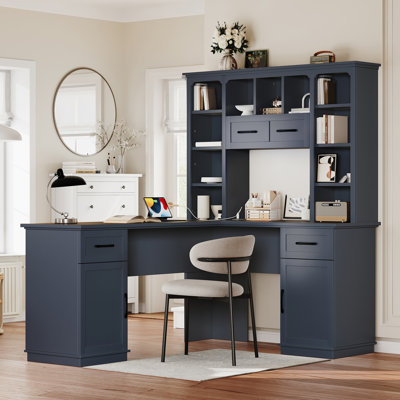 Dylan L-Shaped Computer Desk with Open Shelves, Cabinet & Drawers