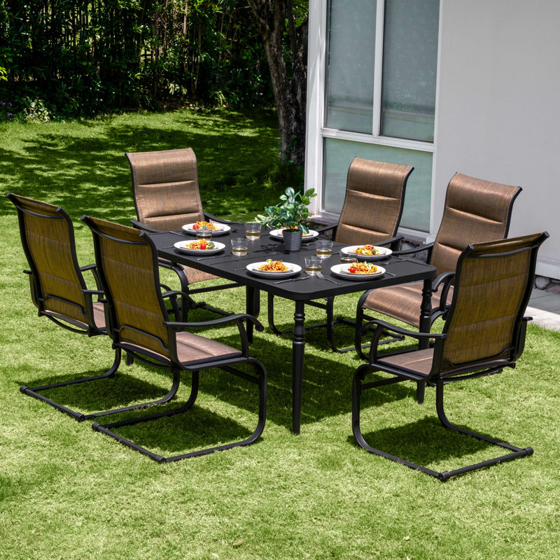 Ensemble de salle à manger de patio en polyester enduit de PVC 7 pièces, pieds de chaise à ressort en C et trou pour parasol