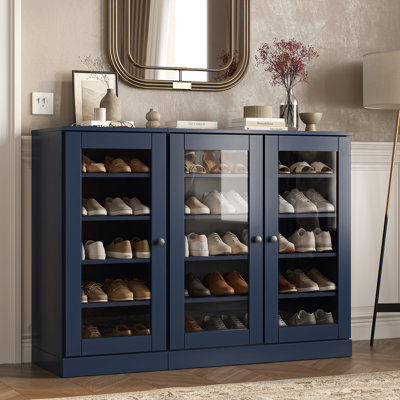 Armoire de rangement à chaussures 100% en bois massif avec porte en verre, tablettes réglables, rangement modulaire pour vestibule, l 48,5 po x H 35,75 po