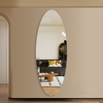 Modern Oval Full Length Wall Mirror with HD Copper-Free Silver Glass, Shatterproof and Moisture-Resistant, Vertical Hanging or Adhesive Mount for Bedroom and Salon