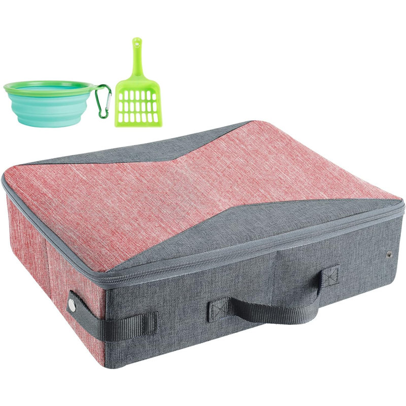 Litière portative pour chat, litière de voyage pour chat avec couvercle et poignée, H 6 po x l 16 po x P 20 po, Rose/gris