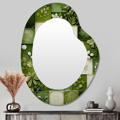 Botanicals Green Floral Tiles II - Abstract Tile Metal Art Decor - Modern Irregular Wall Mirror