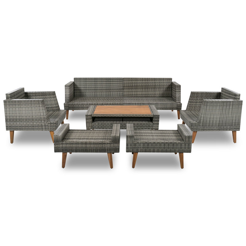 Ensemble de conversation moderne 6 pièces avec osier durable et coussins moelleux, Beige, Gris