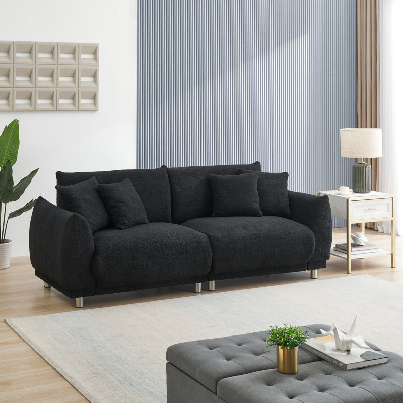 86.6 Inch, Modern, Black, Fleece , Removable Throw Pillows, Metal Feet, Reading, Stain - Relaxing,, Black