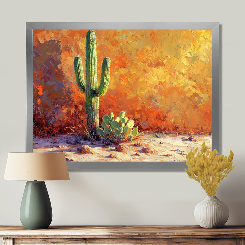 Saguaro dans la lumière dorée I - cactus, art mural sur toile, H 34 po x l 44 po, Cadre flottant, Argent argent