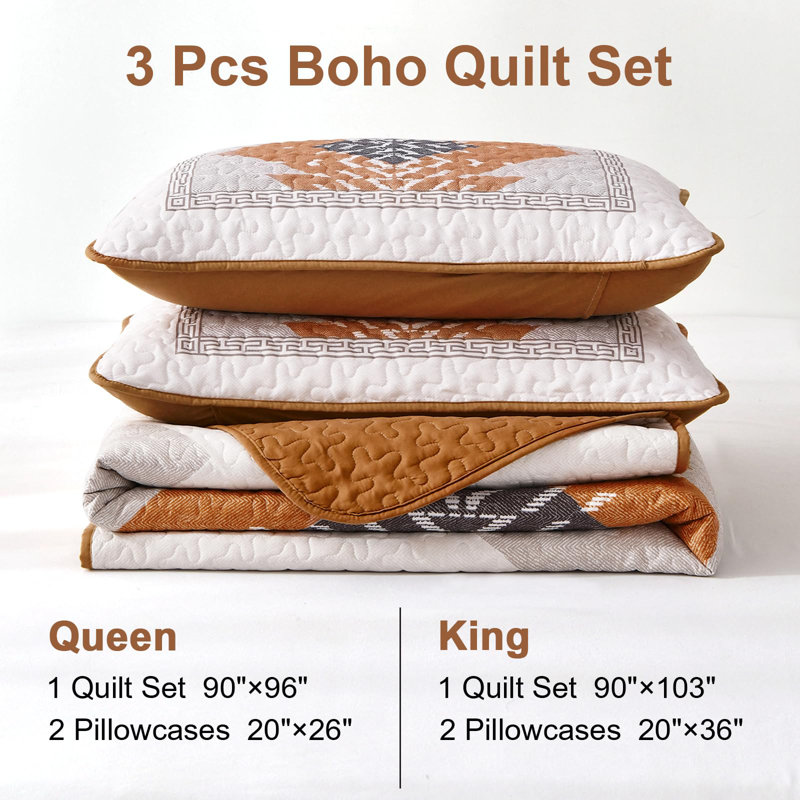 3-Piece Boho Aztec Western Quilt Set Textured Bedspread Coverlet with Pillowcases for All Seasons, Terracotta