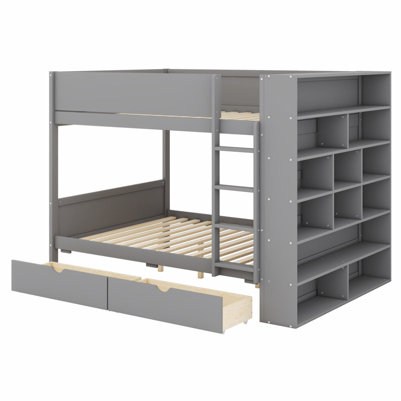 Lit superposé à 2 tiroirs avec tablettes pratiques à plusieurs niveaux, Gris