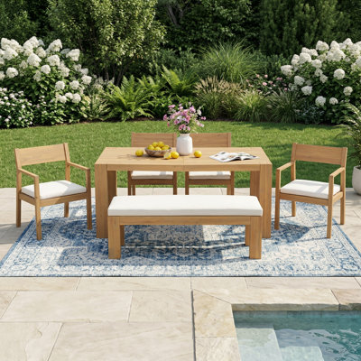 Ensemble de salle à manger de patio pour 6 personnes, table rectangulaire 71 po avec trou pour parasol, chaises et banc avec coussins amovibles pour le jardin près de la piscine