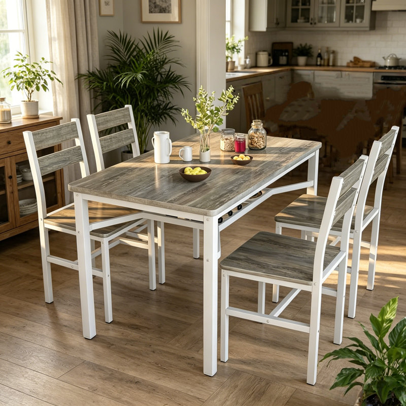 Wood Kitchen Table With Storage, Farmhouse Dining Table Set For 4, Dining Roomtable With Metal Frame And MDF Board,  For Small Space, Easy Assembly