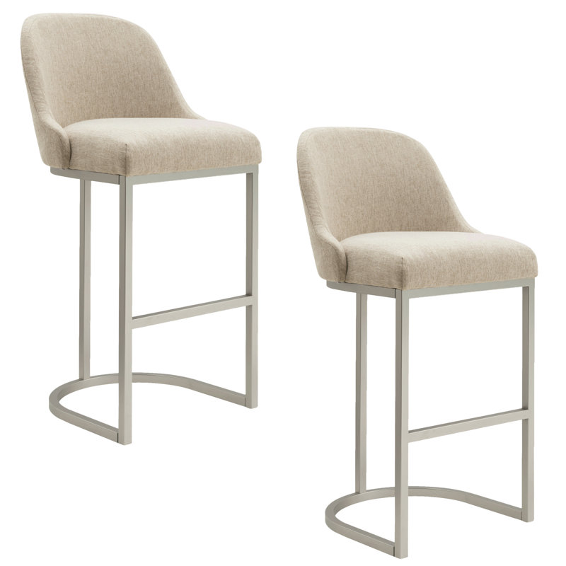 Barrelback Stool with Linen Seat and Metal Base, Oatmeal Linen/Pewter Frame, Bar Stool (30.5" Seat Height), 2