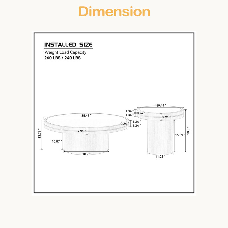 Ensemble de table basse ronde en aggloméré de 19,49 po + 35,43 po en bois aggloméré pour le salon, Naturel