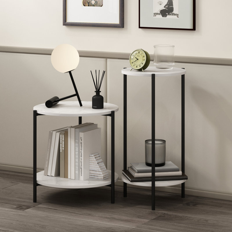 Caureen 2-Tier Modern Tall Round Side End Table with Sturdy Metal Legs, Marble White, 16.5" H x 15.6" W x 15.6" D