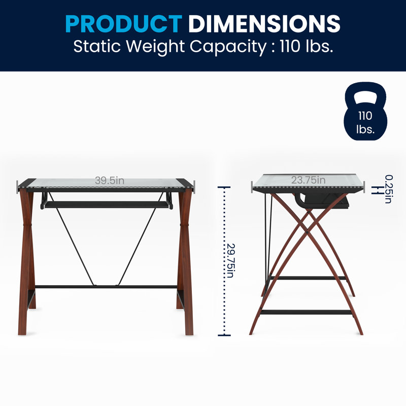 Glass Computer Desk with Pull-Out Keyboard Tray and Crisscross Frame, Clear/Wood Grain