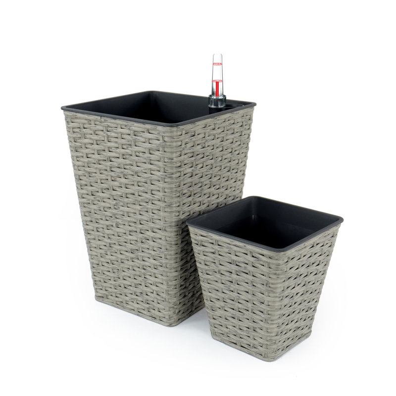 2 Hand Woven Self-Watering Planters - Gray For Indoor And Outdoor Beauty Stabilized Construction Smart Planter Duo & Weather Easy To Care