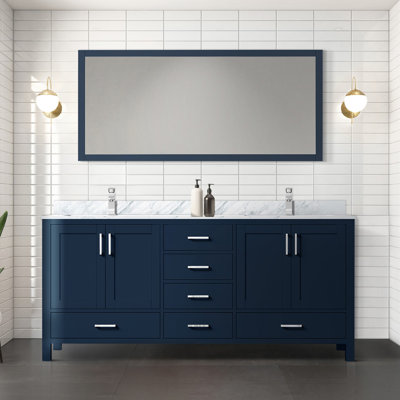 Meuble-lavabo double bleu marine l 72 po x P 22 po, comptoir en marbre de Carrare et miroir 28 po