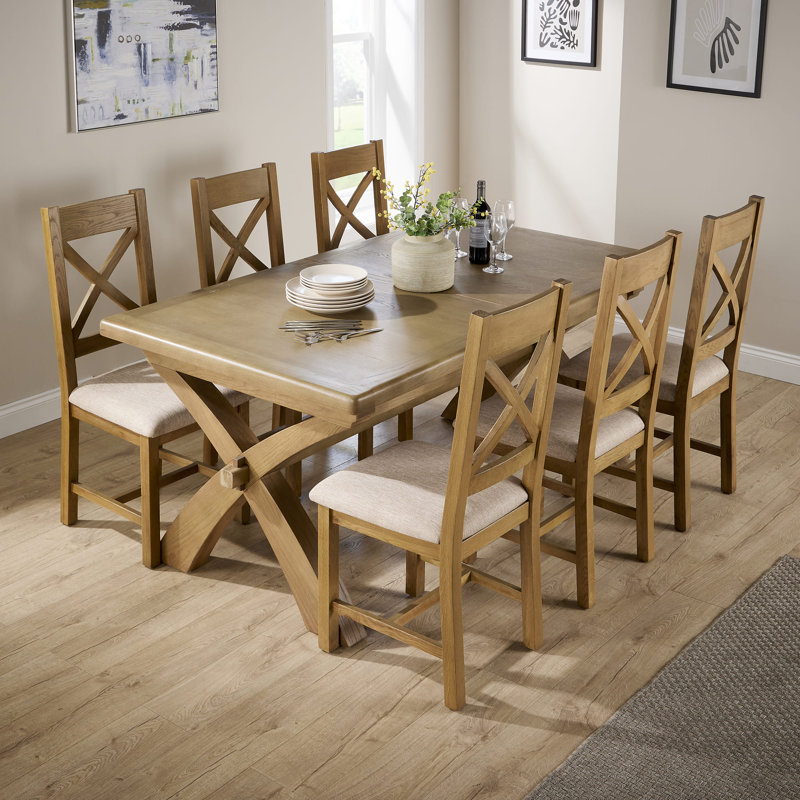 Ciro 2m Extending Dining Table & Solid Oak Set 6  Cross Back Chairs, Beige, 78cm H x 180cm W x 100cm D