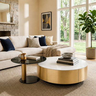 Modern 2-Piece Round Coffee Table Set With Storage Drawer, Sintered Stone Top & Gold Solid Wood Base, and Tempered Glass Side Table