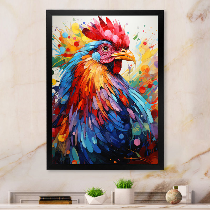 Coq coloré - décoration murale coq, H 44 po x l 34 po x P 1,5 po, Cadre simple noir