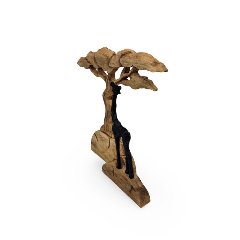 Mango Wood Giraffe Sculpture - Hand-Carved African Wildlife Scene for Home Accessories - Black Finish - 50x8x43cm