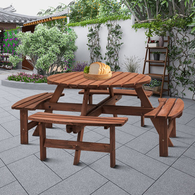 Raeis 70.05'' Outdoor Picnic Table with 4 Built-in Benches, Round Outdoor Table with Umbrella Hole , Seats Up To 8 Persons