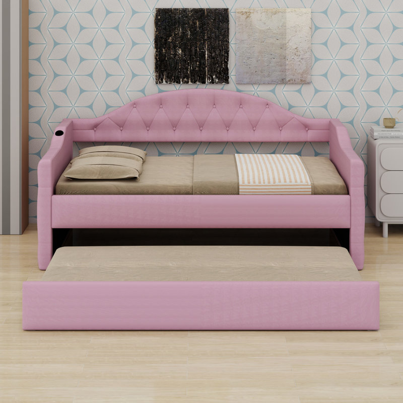 Modern Tufted Upholstered Daybed, Velvet Sofabed with Trundle, Pink