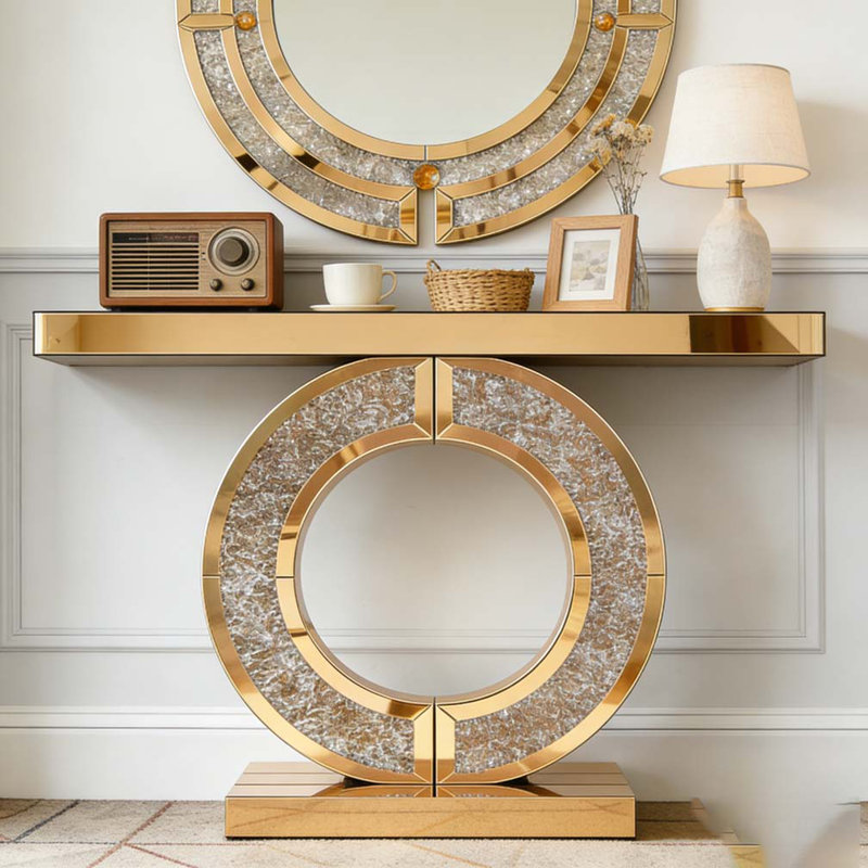 Mirrored Console Table With Crushed diamond Inlay, Long Entryway Sofatable, Rustic Brown