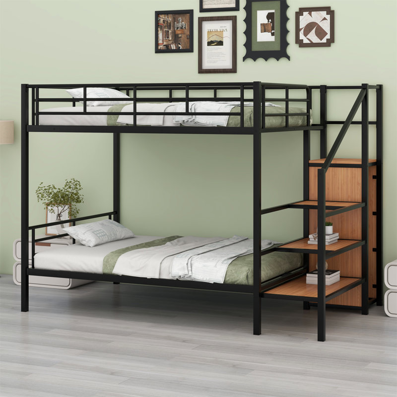 Lit superposé en métal avec échelle de rangement latérale et garde-robe, Double sur double