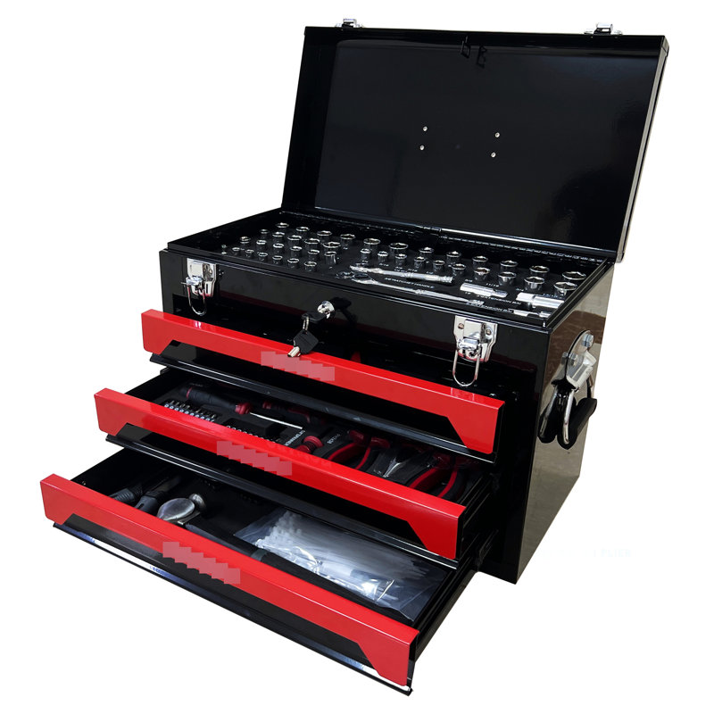 Boîte à outils portable 20 po en acier inoxydable, noire et rouge, résistante, glissières à roulement à billes, métal, plateau de rangement supérieur, poignée de transport pour divers besoins avec trousse à outils, noire et rouge, construction robuste, usages multiples