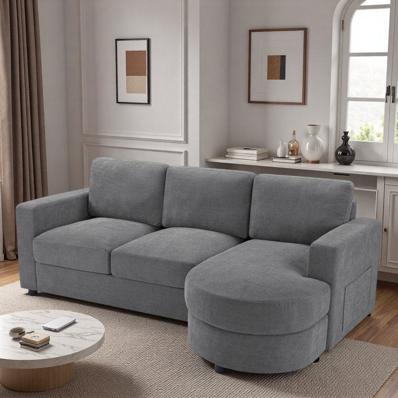 Canapé modulaire moderne en L avec méridienne incurvée, ports USB et poches de rangement latérales, Gris chenille