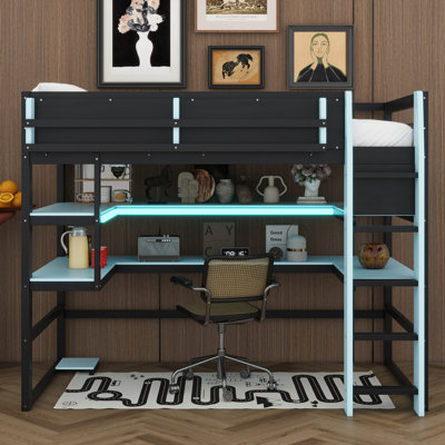 Twin Size Wood Loft Bed With Desk, Side Storage Rack, Loft Bed With Multi-Storage Shelves And RGB Light