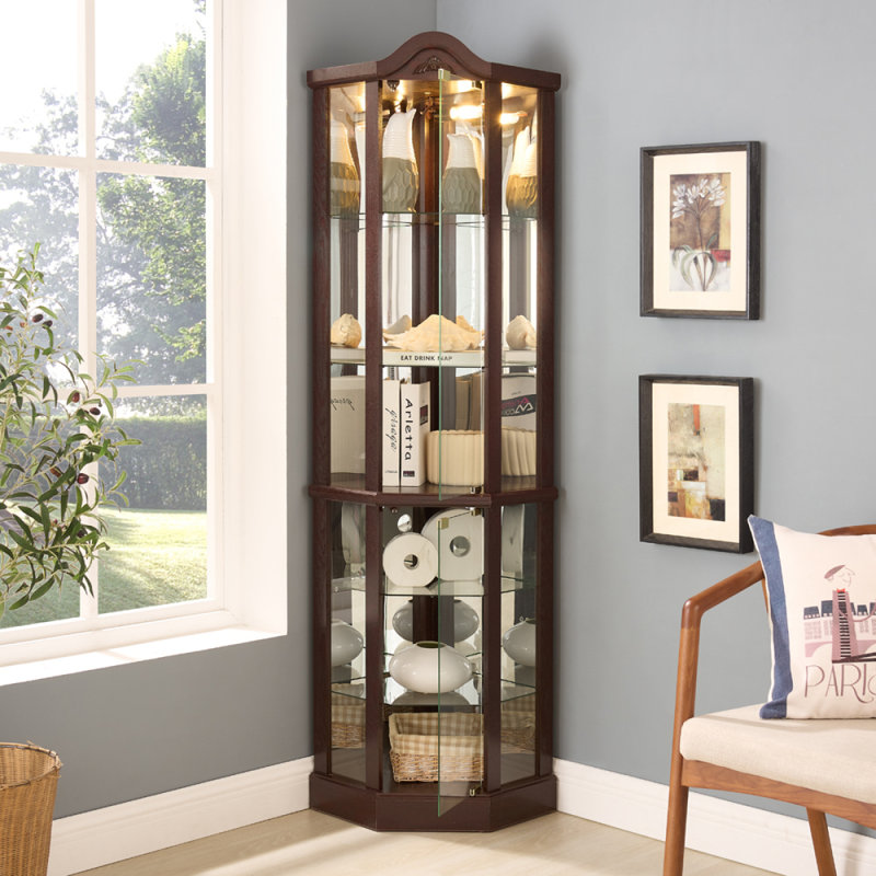 Vitrine d'angle vitrée avec vitrine d'angle vitrée, vitrine avec armoire lumineuse, armoire à vin avec tablettes réglables en verre, décoration sculptée, cerise foncée, lumière (incluse)