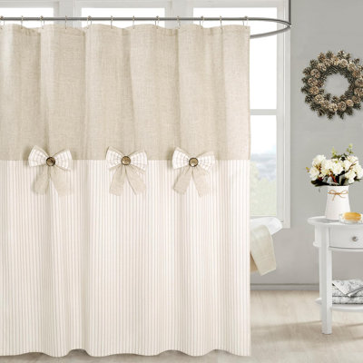 Linen Button Farmhouse Beige Shower Curtain,Bowknot,Linen And Cotton Woven Fabric,Pleated Beige Stripe