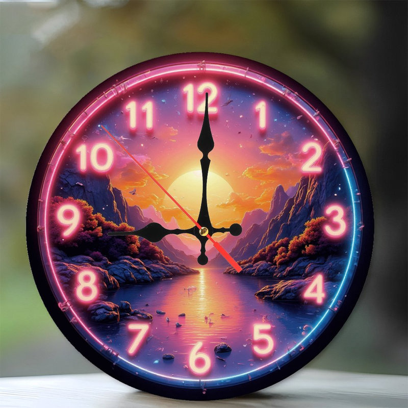 Horloge de style néon, montagnes, coucher de soleil sur le lac